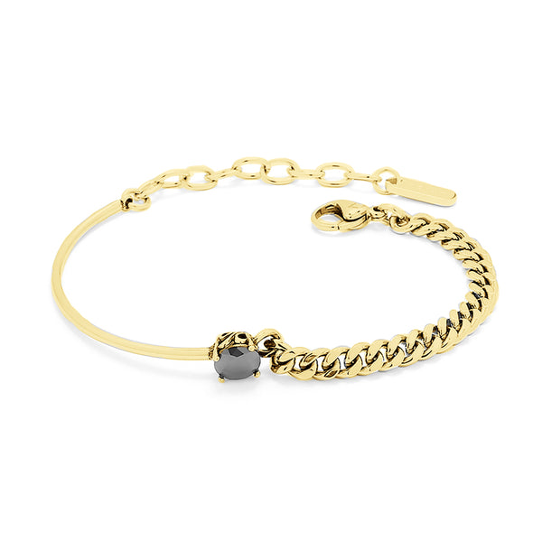 BRACELET GLOW MOUSE TAIL AND GRUMET LINK, BLACK CENTRAL ZIRCONIA GOLD PLATED 18
