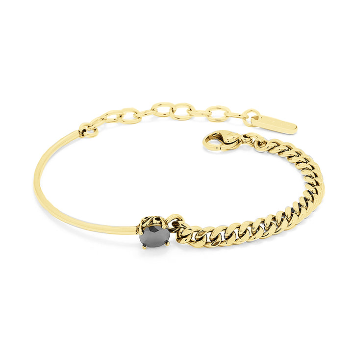 BRACELET GLOW MOUSE TAIL AND GRUMET LINK, BLACK CENTRAL ZIRCONIA GOLD PLATED 18