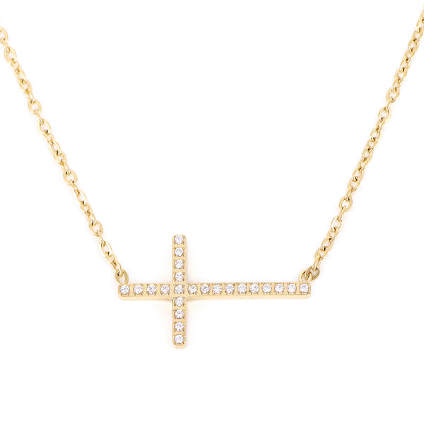 Halskette Glow Zirkonia Seitenkreuz Vergoldet Stahl