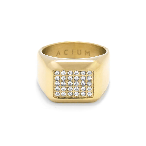 RING BASIC CUSTOMIZABLE RECTANGULAR SIGNET WITH ZIRCONIA GOLD PLATED BL
